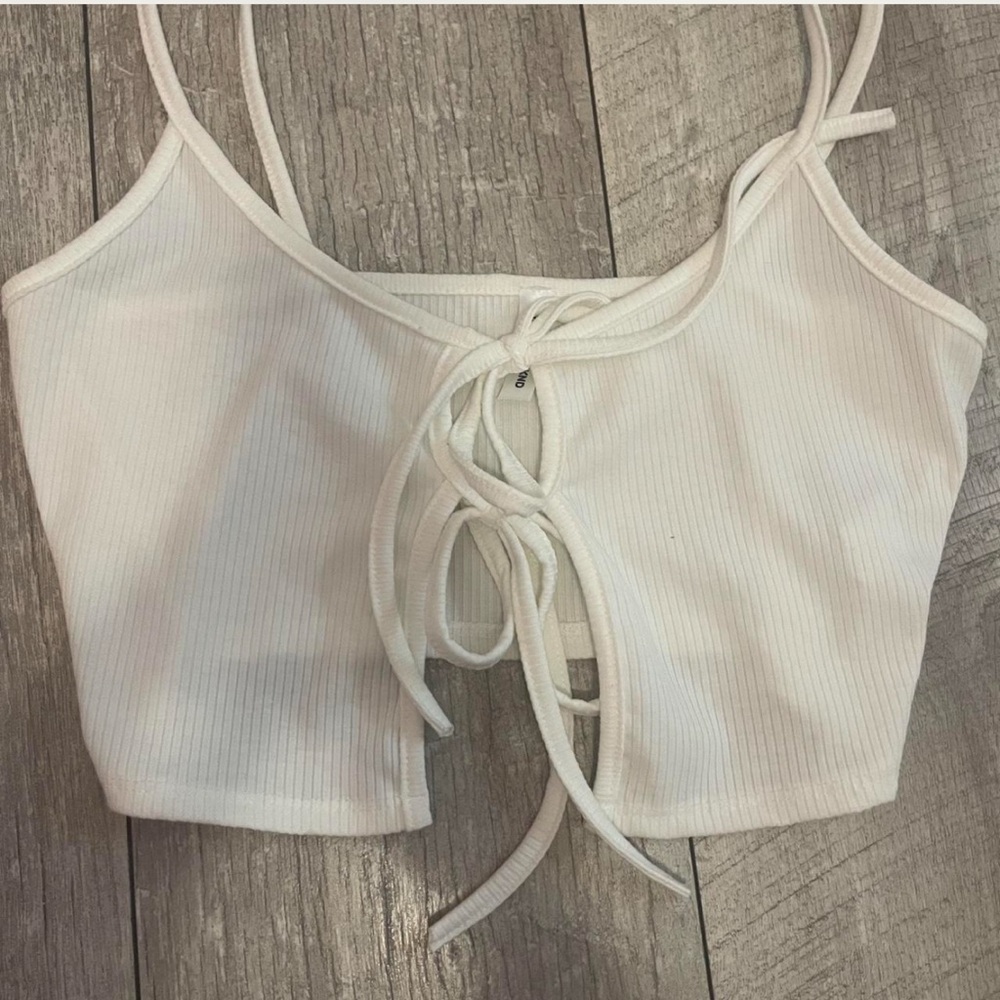White Ribbed Tie-Front Crop Top